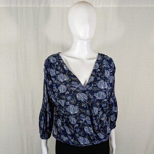 Lucky Brand Navy Blue Floral Cross Over Top Snap Closure Women's Size Medium